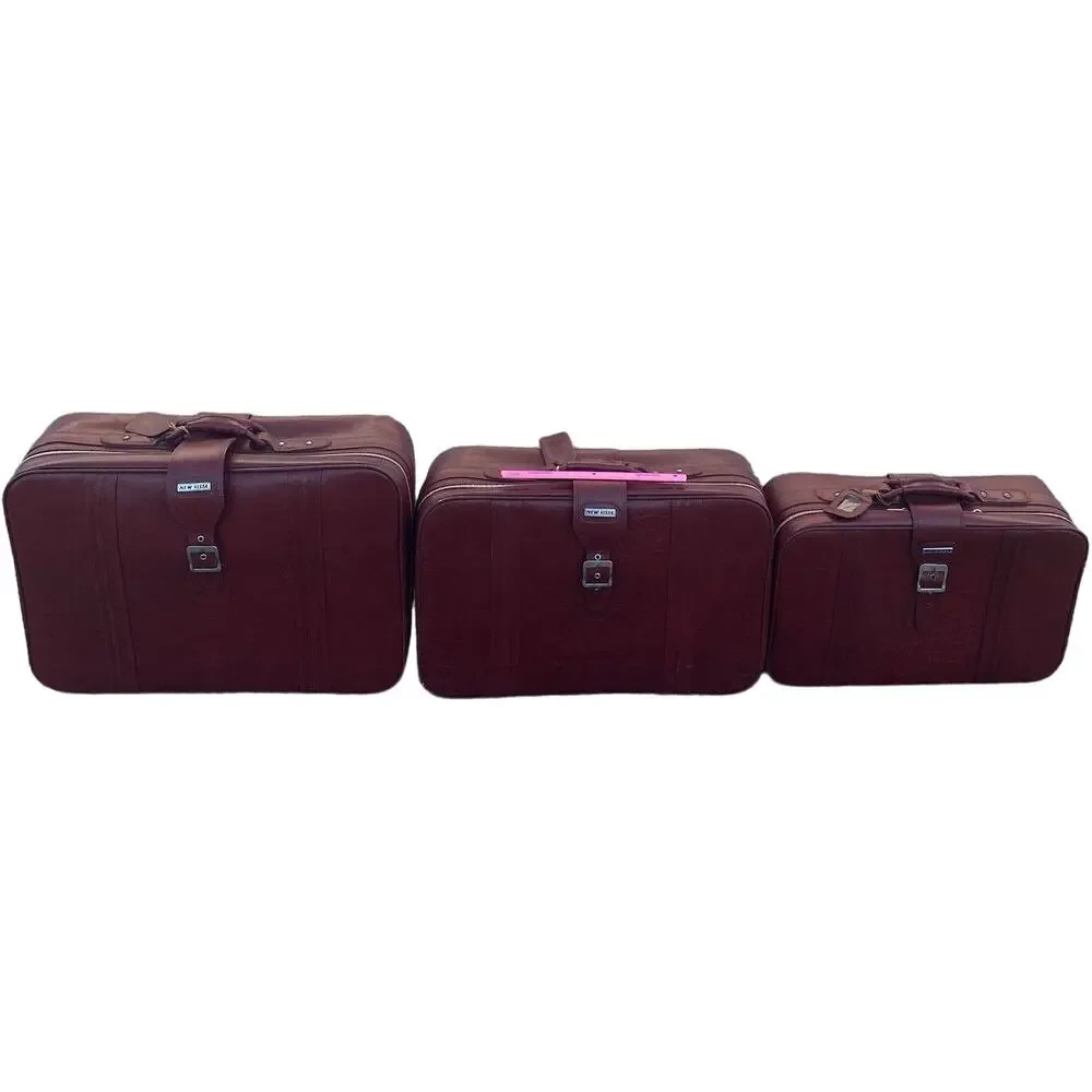 Set of 3 VTG New Vista Korean Travel Luggage Faux Leather Burgundy suitcases